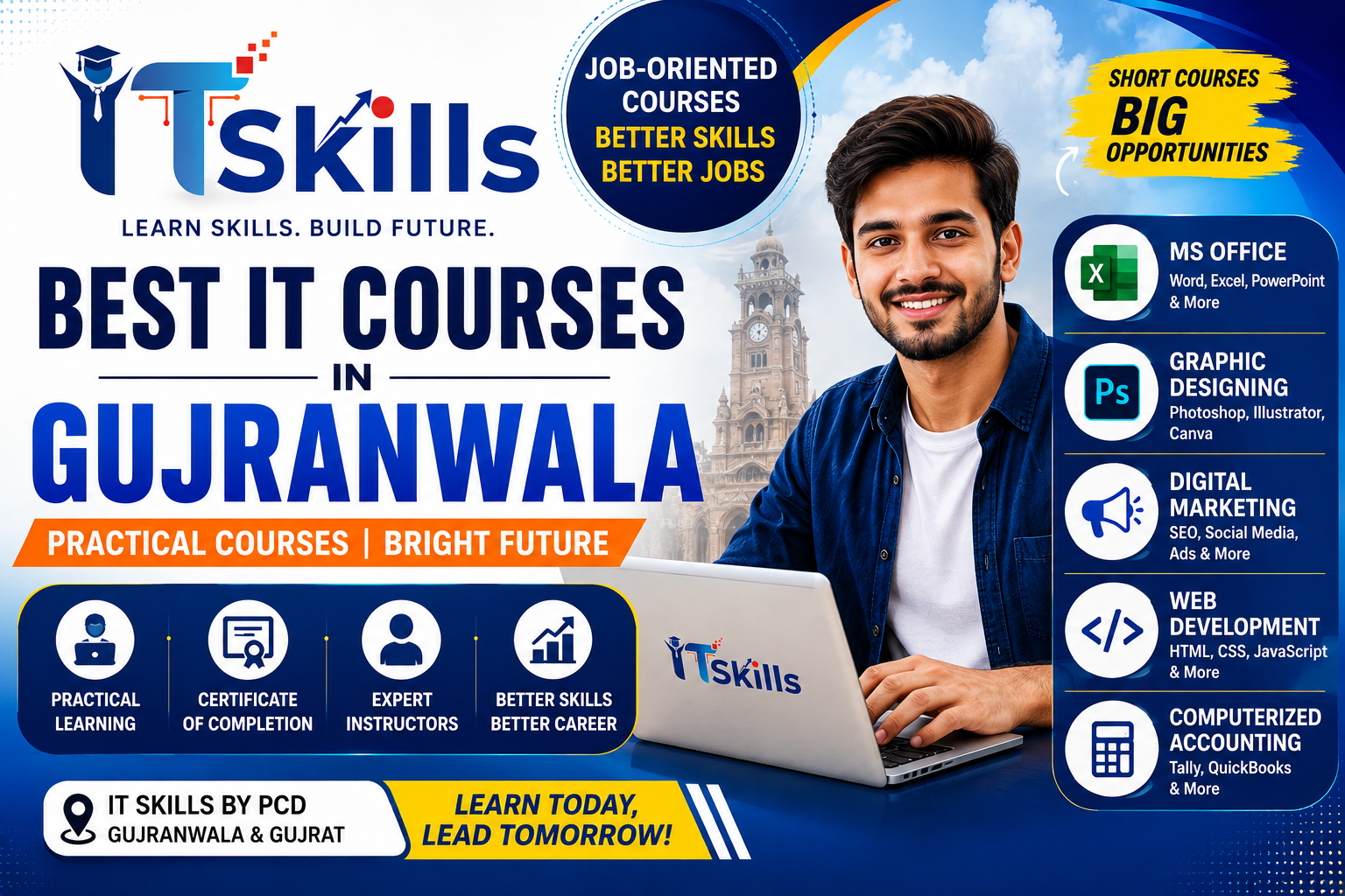 Explore the best IT courses in Gujranwala at IT Skills by PCD. Learn practical computer skills, digital marketing, graphic design, web development and more.